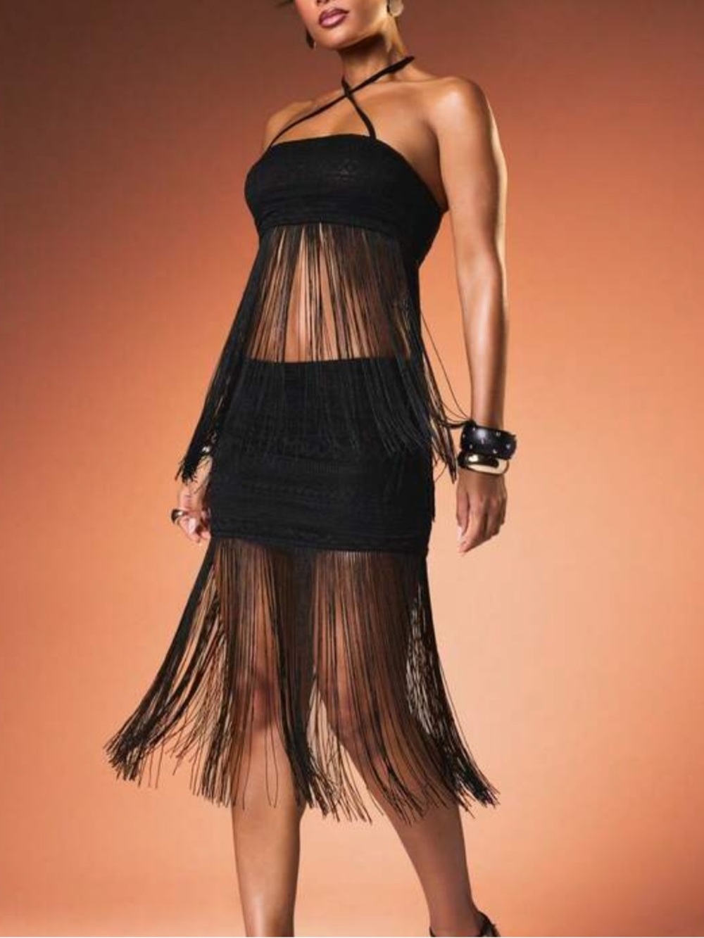 Missguided Black Fringe Halter Skirt Set